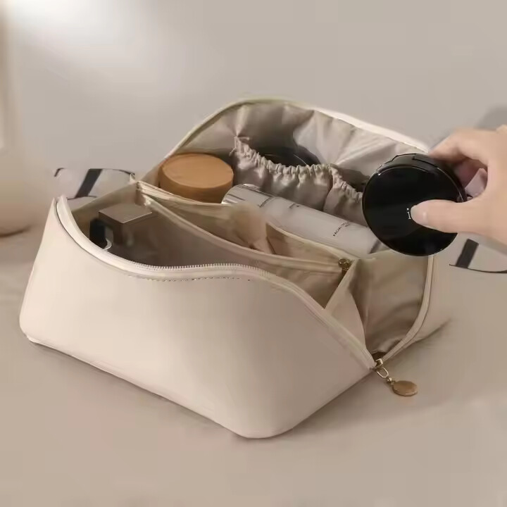 PU leather open flat women portable travel toiletry pouch cosmetic bag