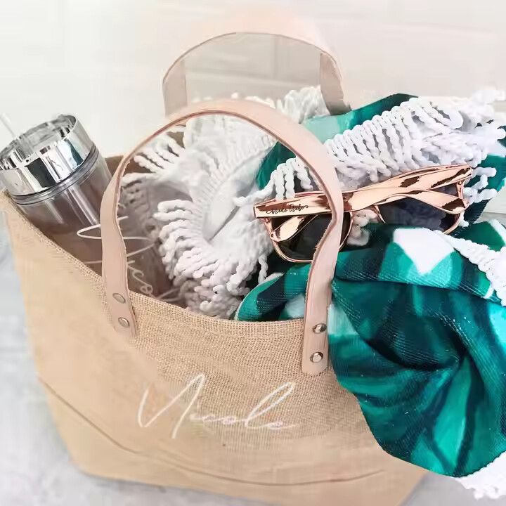 Custom wholesale print logo jute beach tote bag with leather handle 