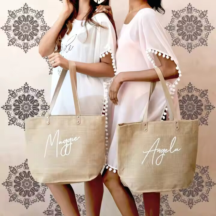 Custom wholesale print logo jute beach tote bag with leather handle 