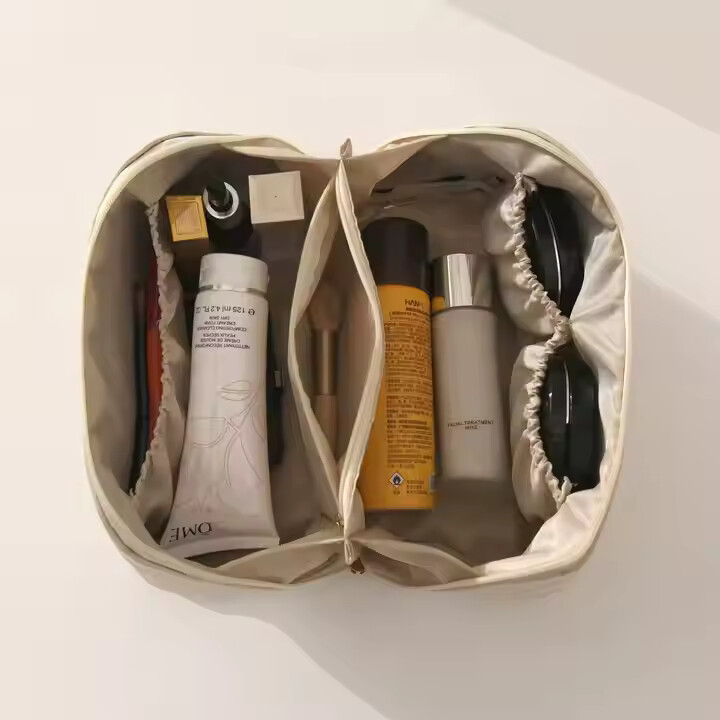PU leather open flat women portable travel toiletry pouch cosmetic bag