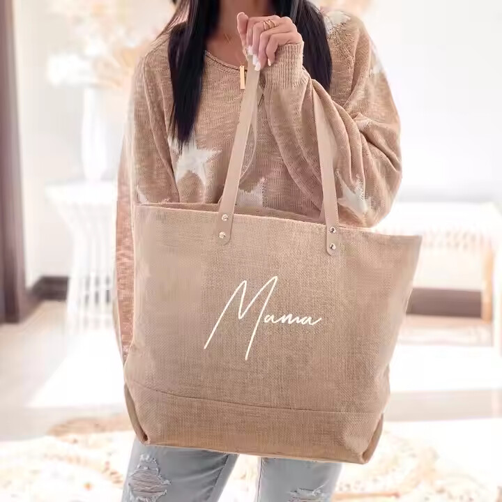 Custom wholesale print logo jute beach tote bag with leather handle